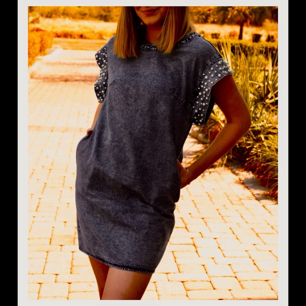 Acid Wash Black Denim Embellishment Dress